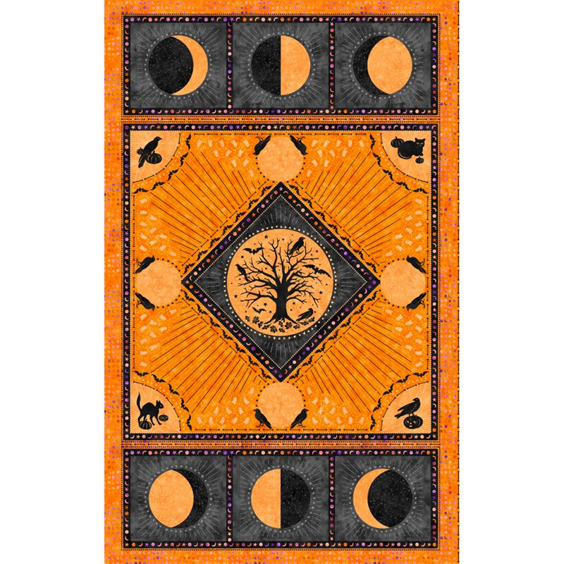 A black and orange quilt panel fabric with moon phases, black cats, ravens, and a bare tree