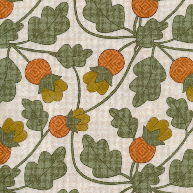 orange and yellow flowers and green leaves on a cream background