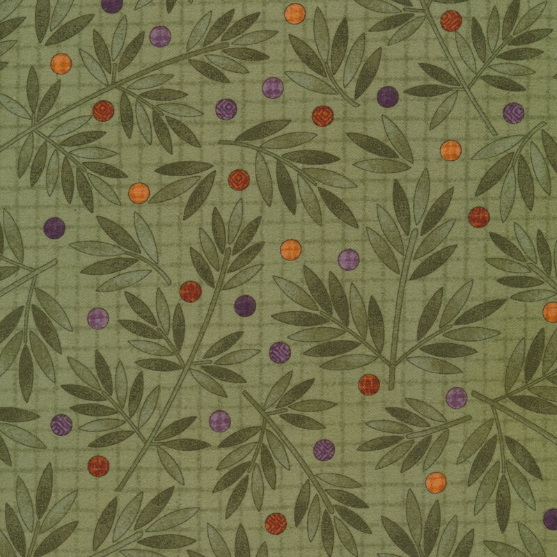 sage leaf sprigs with multicolored dots on a sage green background