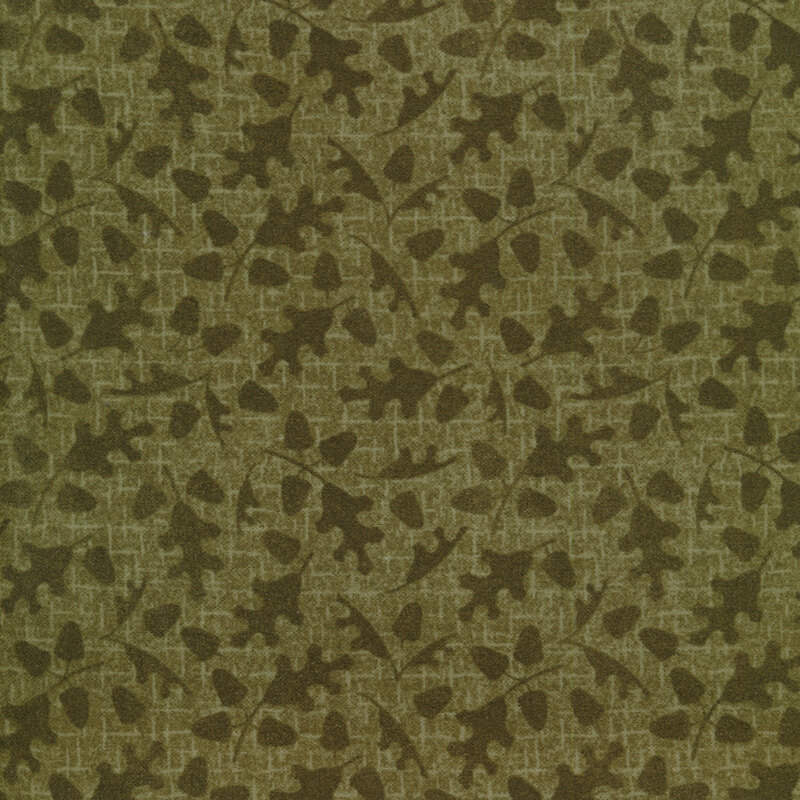 tonal green fabric with fall leaves and acorns on a green background