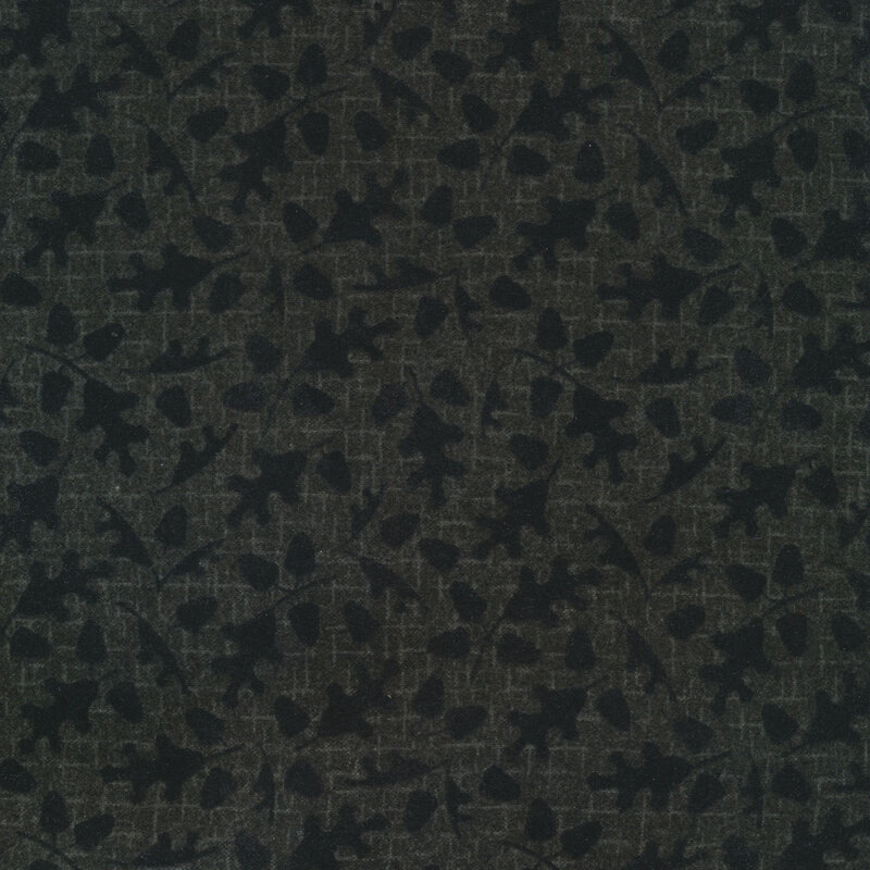 tonal black fabric with fall leaves and acorns on a black background