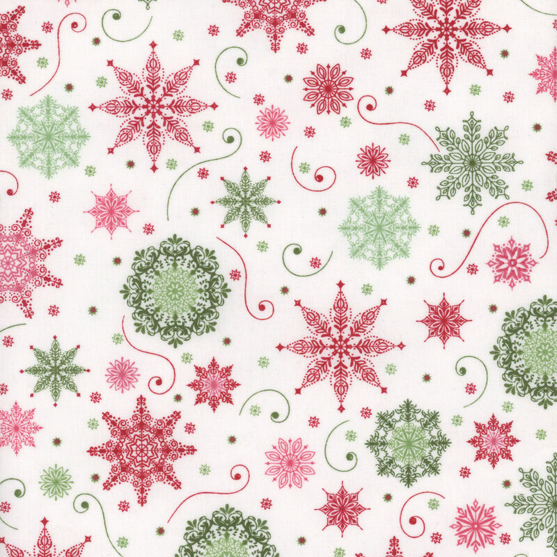 red, green and white snowflakes with scrolls on a white background