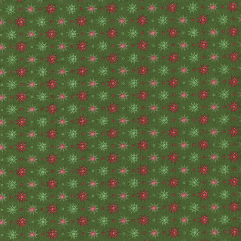 red and green abstract pointy stars with dark green background