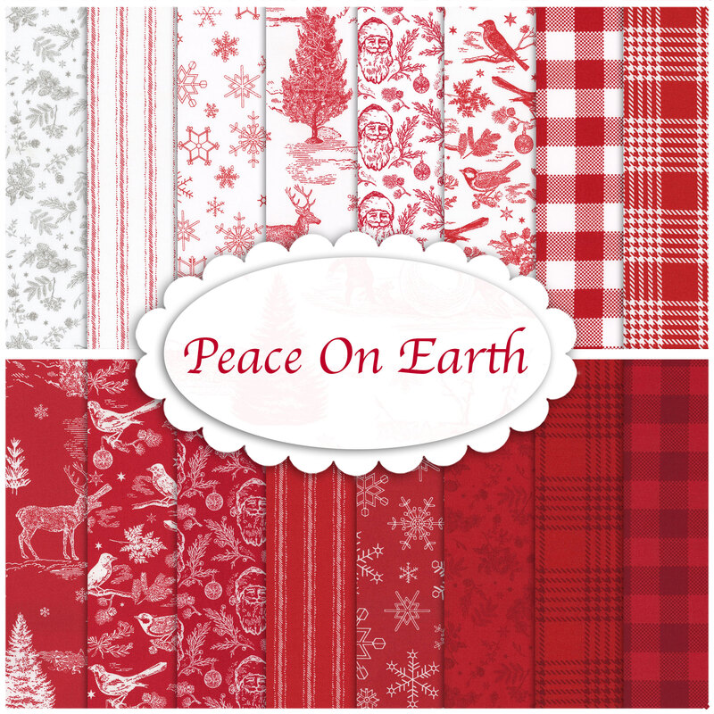 A collage of fabrics included in the Peace On Earth fabric collection by Riley Blake Designs
