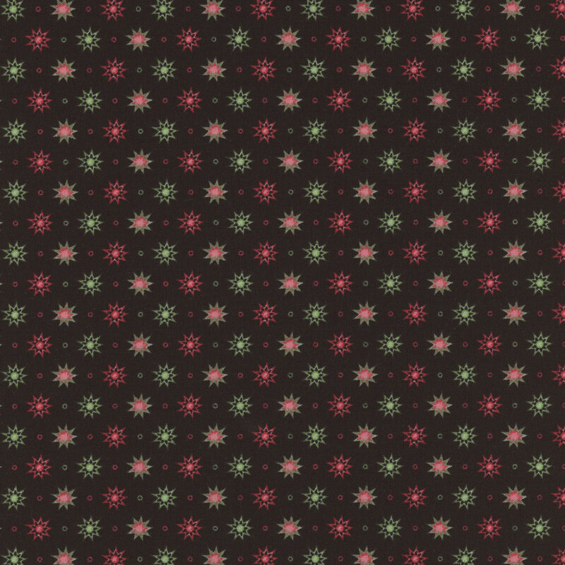 red and green abstract pointy stars on a solid black background