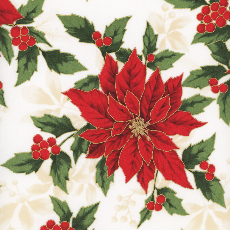 red poinsettias with green leaves and gold metallic details on a textured cream colored background
