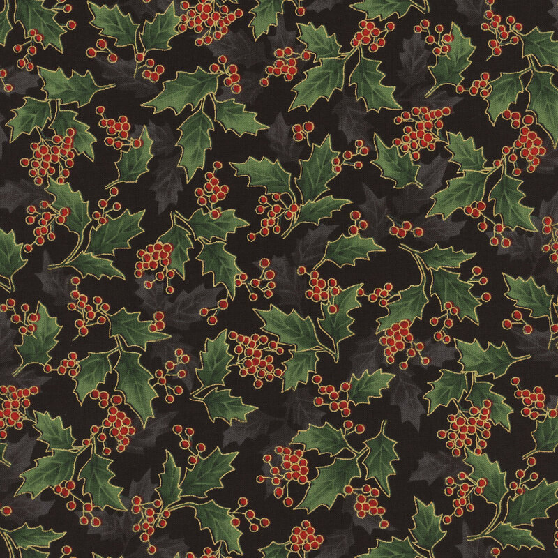 fabric with tossed holly berries and leaves on a leaf textured black background