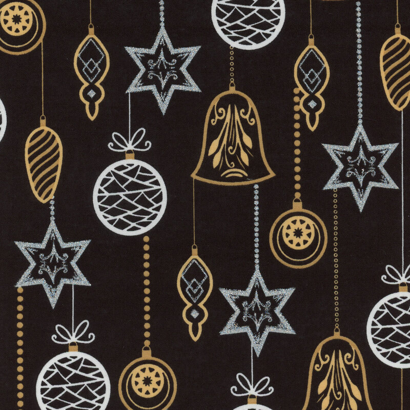 Solid black fabric with outlines of gold and white Christmas ornaments all over