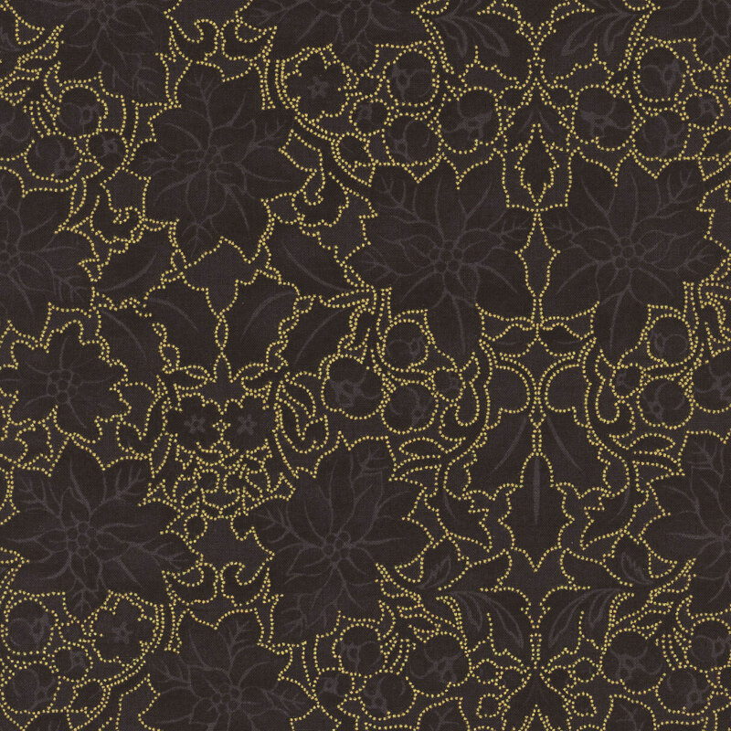 fabric with gray and black poinsettia design with metallic gold details