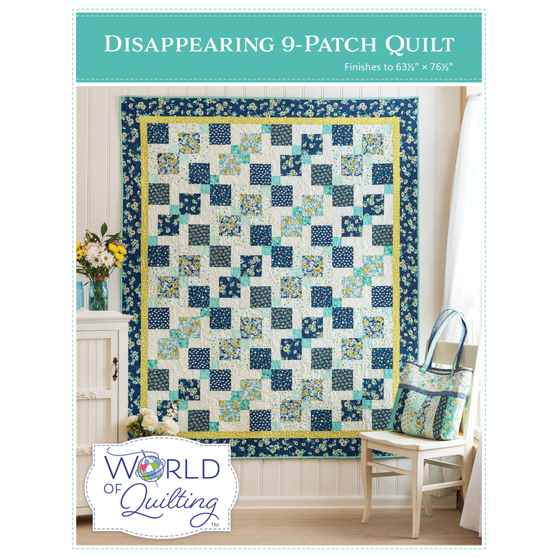 The front of the Disappearing 9-Patch Quilt pattern by World of Quilting