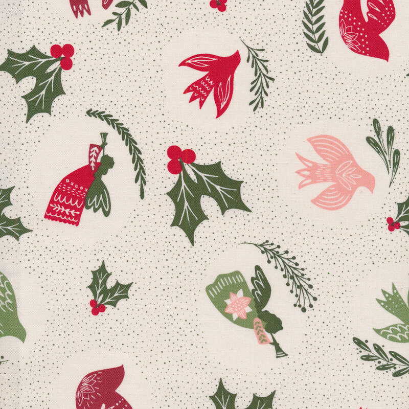 Off white cream fabric with red birds, holly berries and leaves, angels with horns, and sprigs