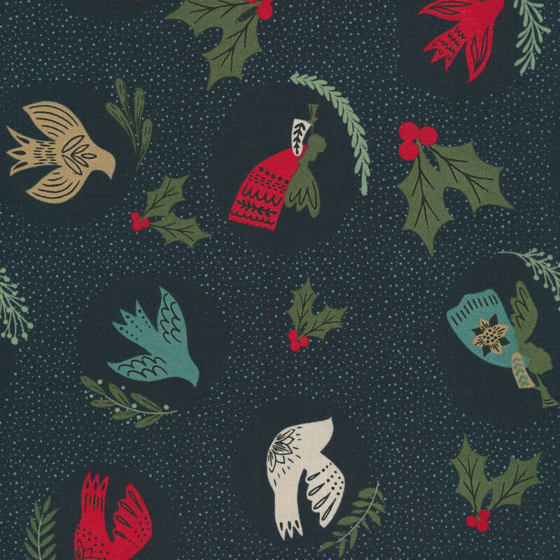 Midnight blue fabric with red birds, holly berries and leaves, angels with horns, and sprigs