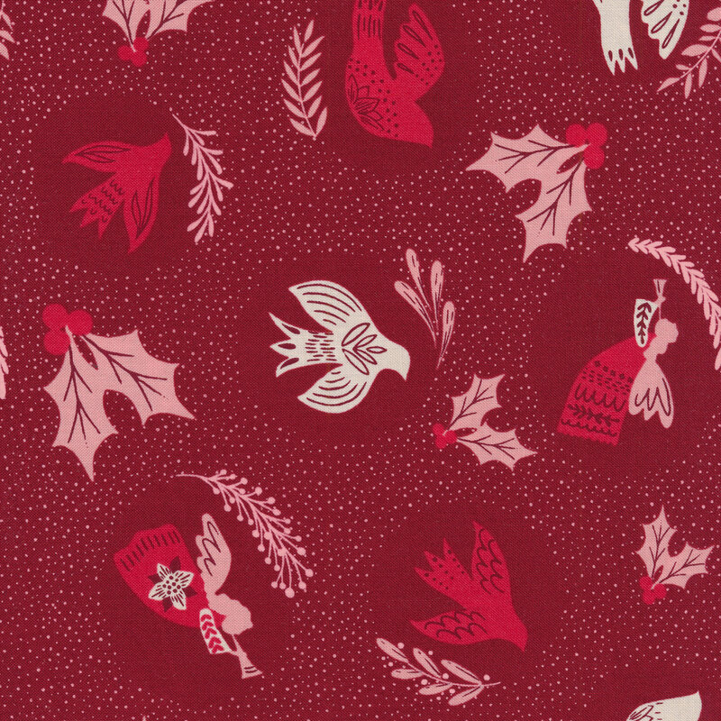 Red fabric with red birds, holly berries and leaves, angels with horns, and sprigs