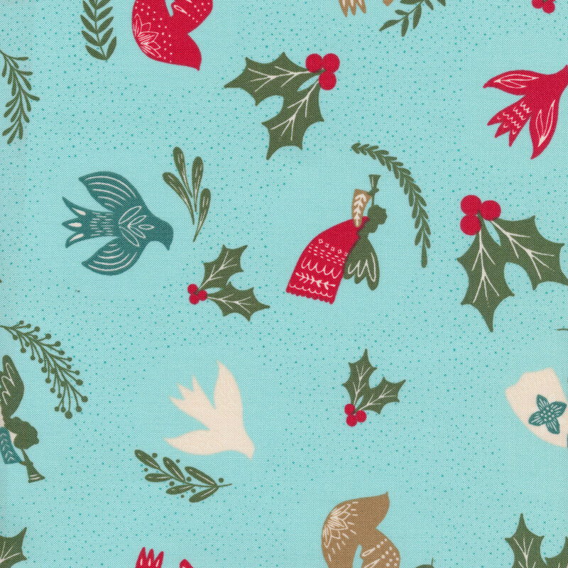 Bright sky blue fabric with red birds, holly berries and leaves, angels with horns, and sprigs