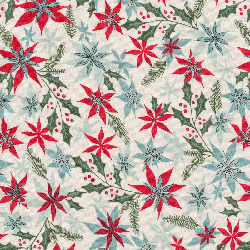 Off white cream fabric with red, green, and teal poinsettias and green stems all over