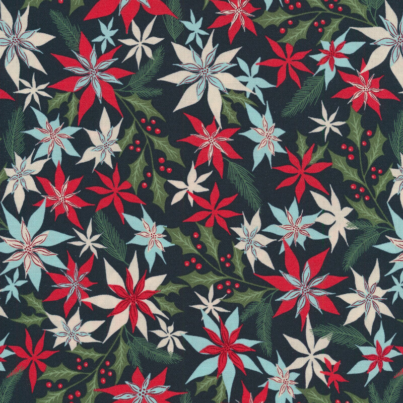 Charcoal fabric with red, green, and teal poinsettias and green stems all over