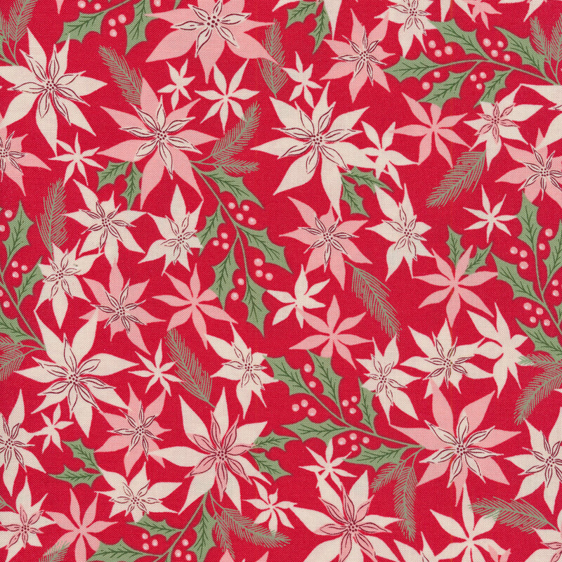 Red fabric with cream and light pink poinsettias and green stems all over
