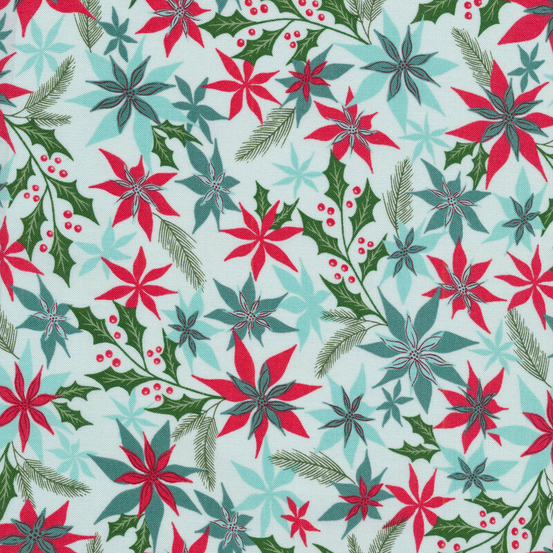 Light sky blue fabric with red and dark green poinsettias and green stems all over