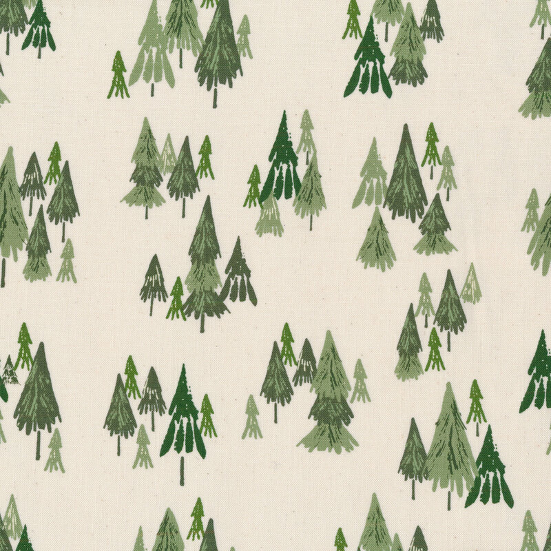 fabric featuring Off white cream fabric clusters of green pine trees all over