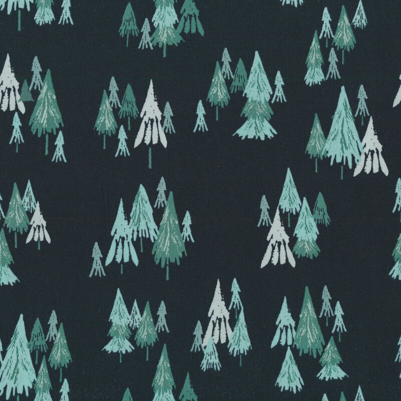Dark navy blue fabric clusters of teal and bright aqua pine trees all over