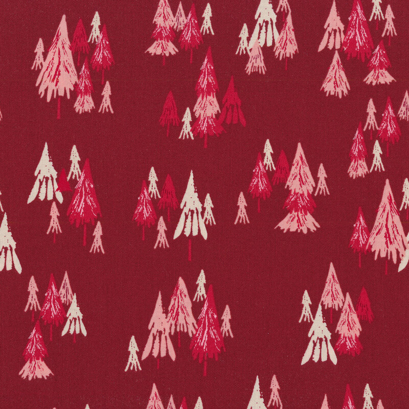 Dark red fabric clusters of white, light pink, and red pine trees all over