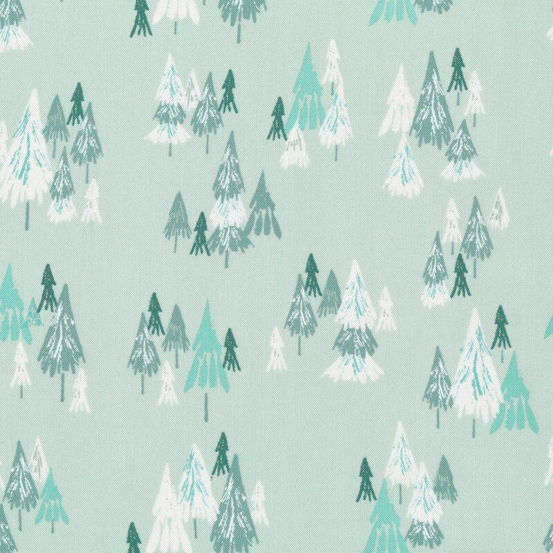 Light aqua fabric with clusters of white, aqua, and teal pine trees all over