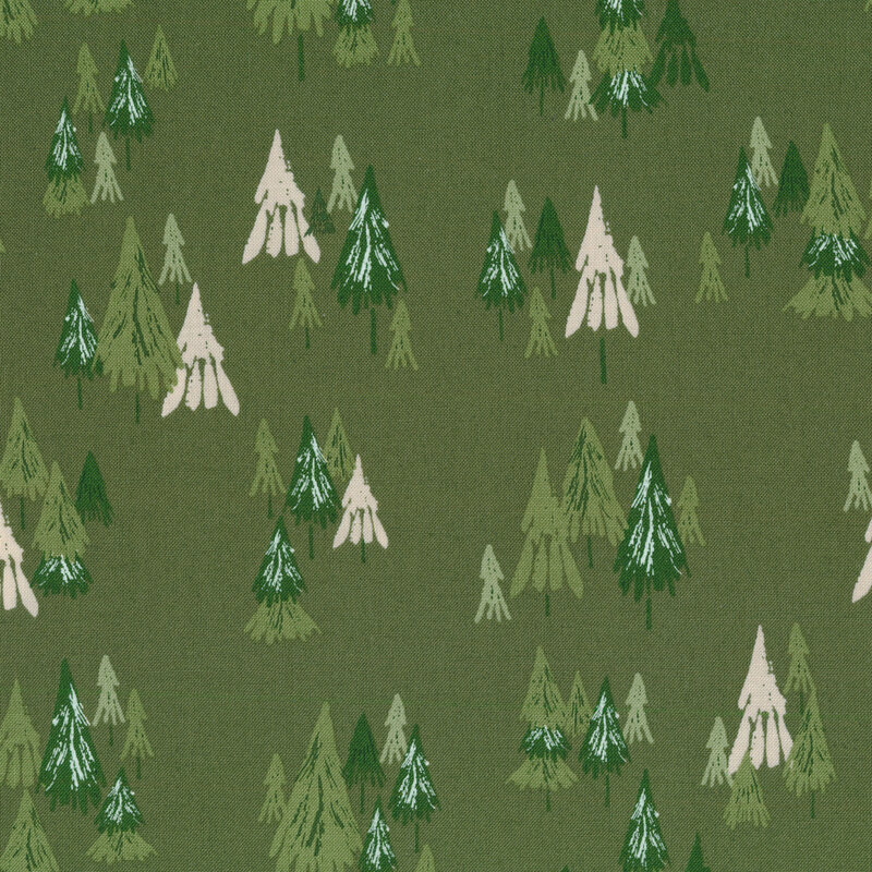 Dark green fabric with clusters of cream, green, and dark green pine trees all over