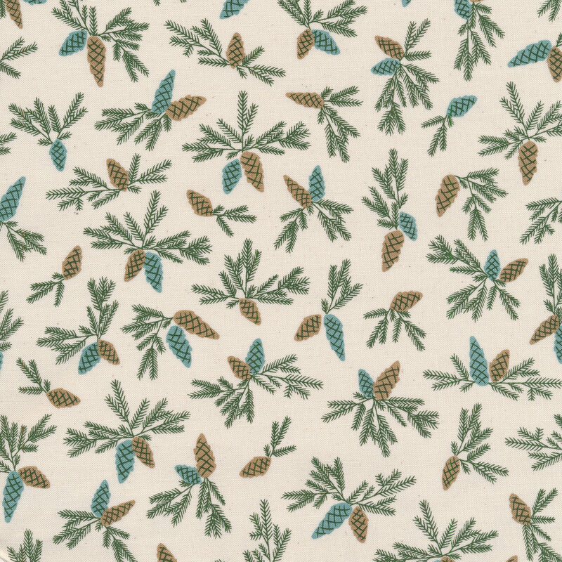 Cream fabric with tossed pine cone sprigs all over