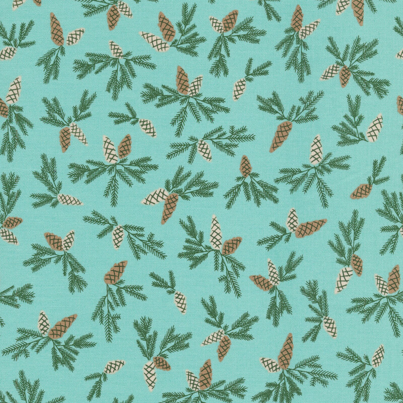 Aqua fabric with tossed pine cone sprigs all over