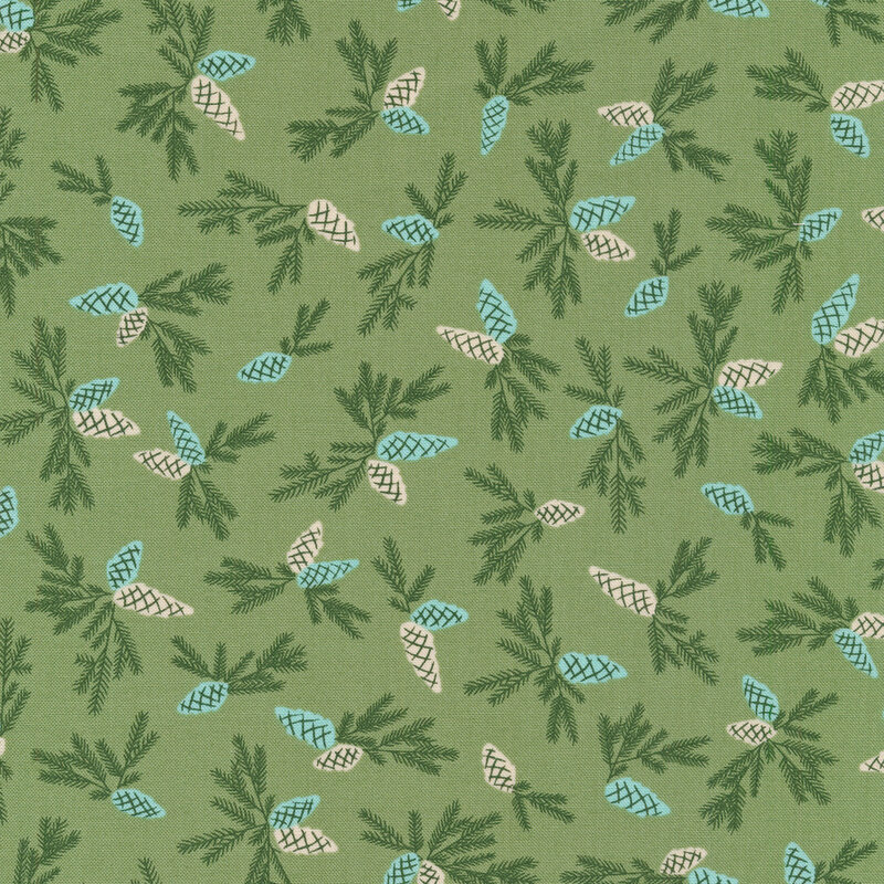 Green fabric with tossed pine cone sprigs all over