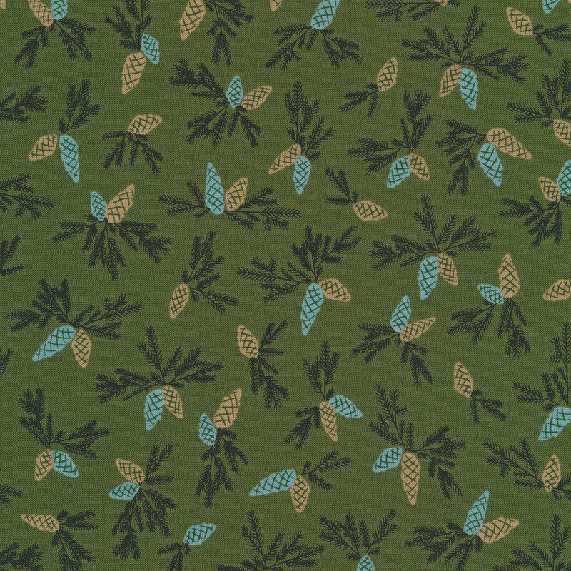 Dark green fabric with tossed pine cone sprigs all over