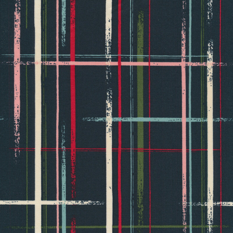 Charcoal fabric with a distressed red, white, aqua, and green plaid design