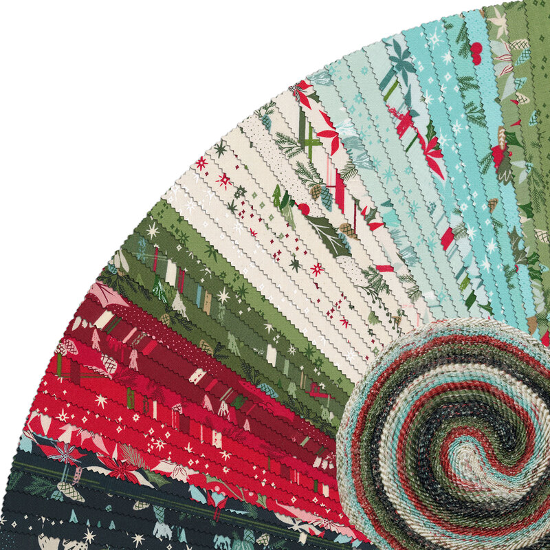 A splayed collage of fabrics included in the Good News Great Joy Jelly Roll by Moda Fabrics