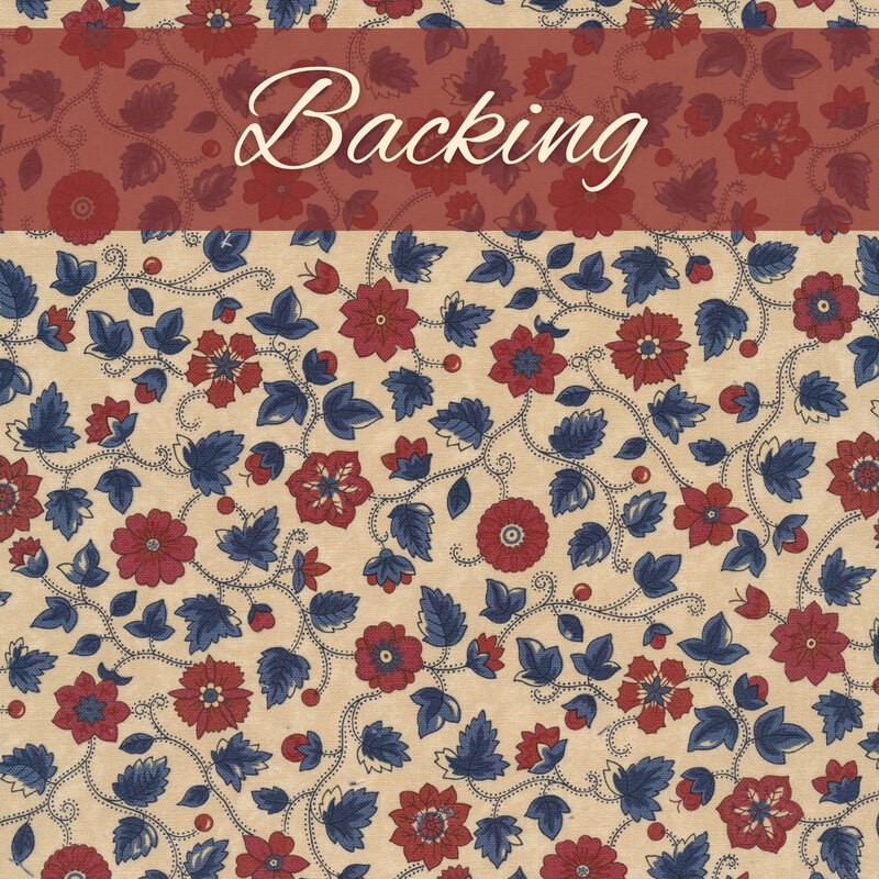 Fabric of red flowers with blue leaves and vines on a tan background.