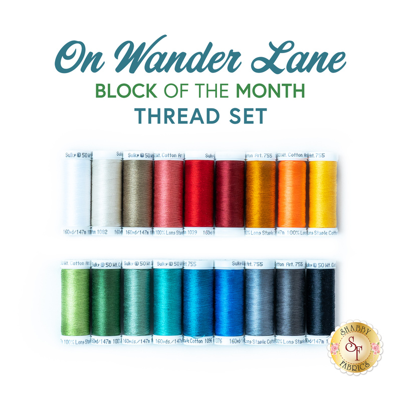 A coordinating thread set with white, pinks, grays, oranges, greens, and blue threads for On Wander Lane BOM