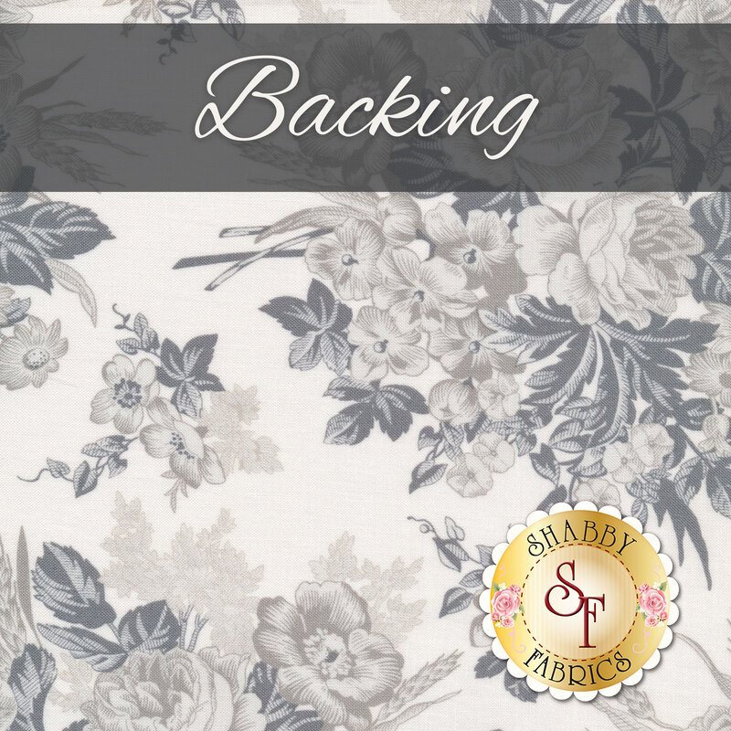 Cream fabric with white and gray floral bunches all over with a dark gray banner at the top that reads 