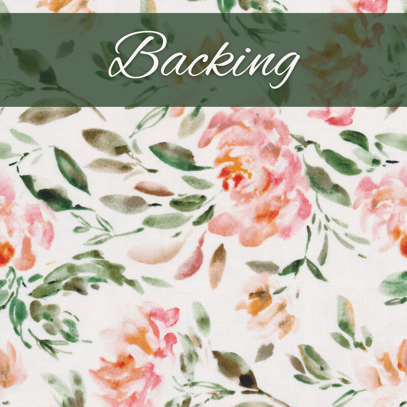 White fabric with watercolor-style pink roses with green stems and vines and a dark green banner at the top with the word 