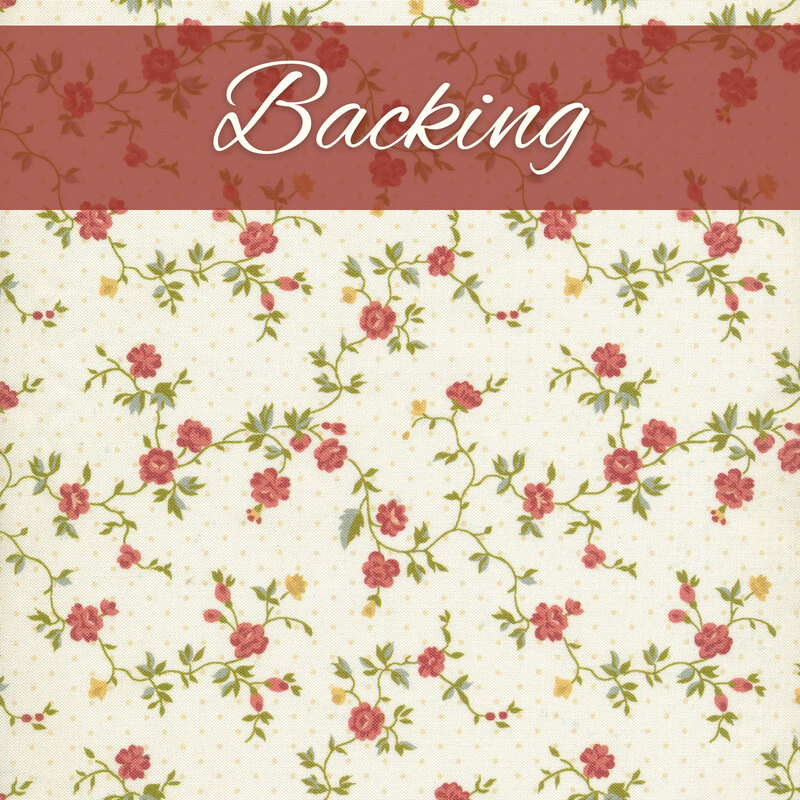 Cream fabric with vining pink roses with yellow flower accents and a pink banner at the top that reads 