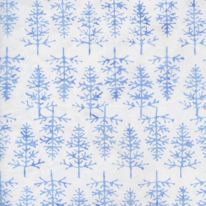 White fabric with pale blue evergreen trees all over