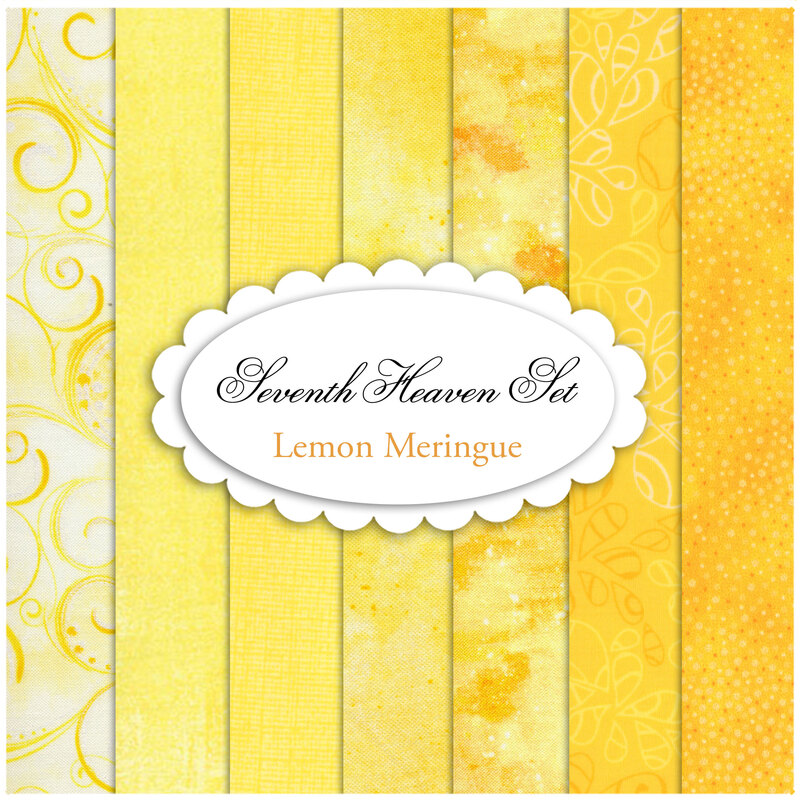 A collage of 7 bright yellow fabrics in the Lemon Meringue Seventh Heaven set