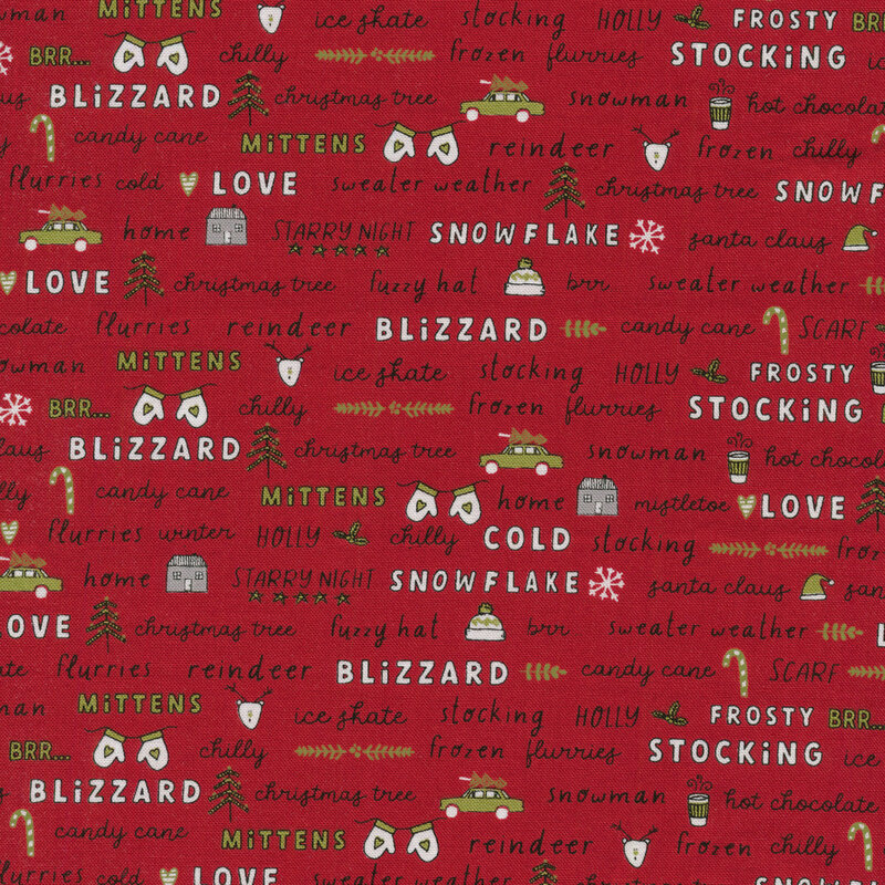 Red Christmas fabric with holiday phrases in different font styles and little holiday decorations such as Santa hats, candy canes, and hot cocoa