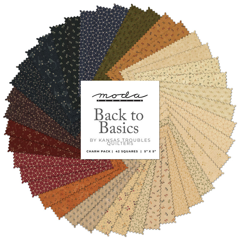 collage of all fabrics included in Back to Basic charm pack
