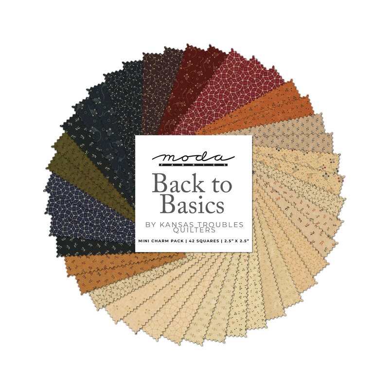 collage of all fabrics included in Back to Basics mini charm pack