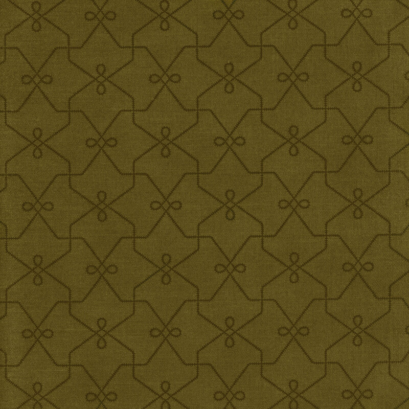 dark green repeating geometric pattern on a sage green background