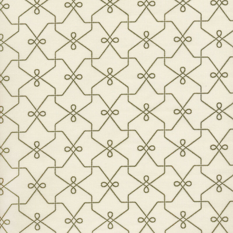 dark green repeating geometric pattern on a cream background