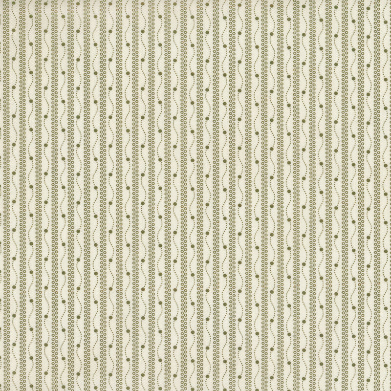 green stripes with green wavy lines and dots on a cream background