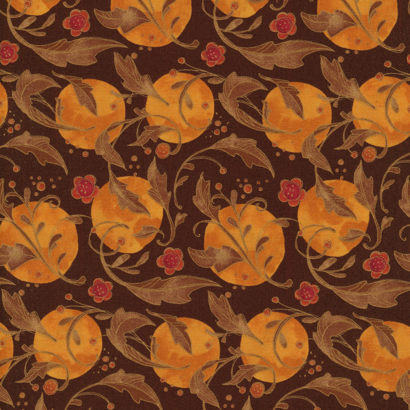 Dark brown fabric with orange circles, brown leaves, and red flowers swirling across it