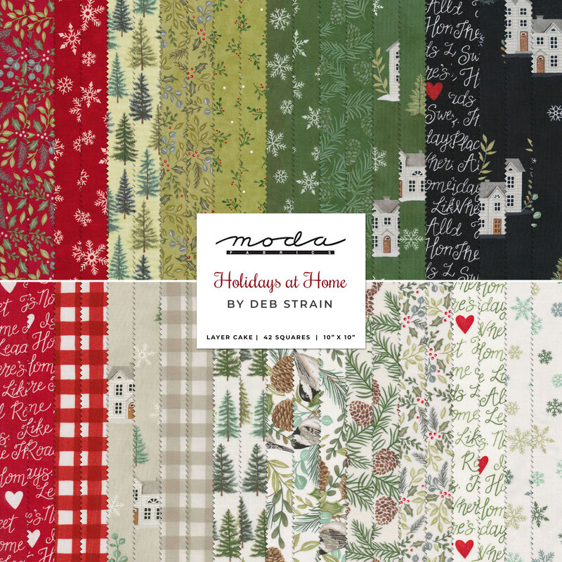 collage of all fabrics included in the Holidays At Home fabric collection