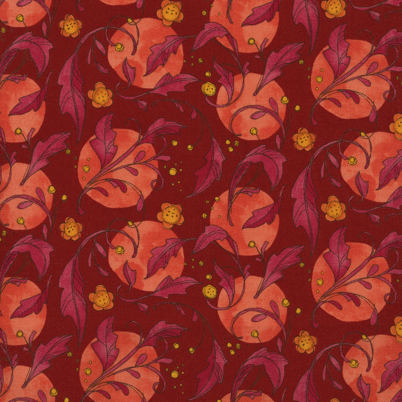 Dark fuchsia fabric with salmon-colored circles, pink leaves, and orange flowers swirling across it
