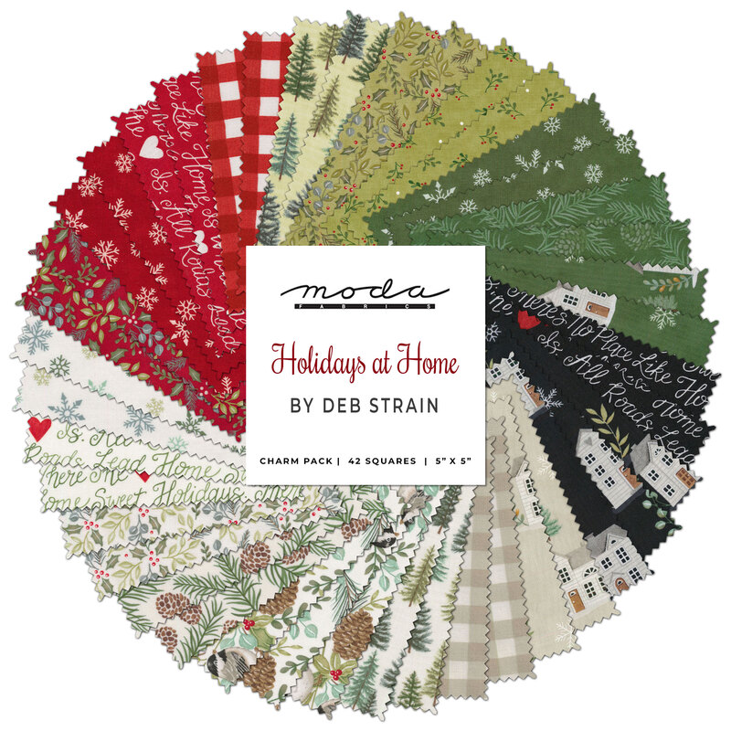 collage of all fabrics included in the Holidays At Home fabric collection